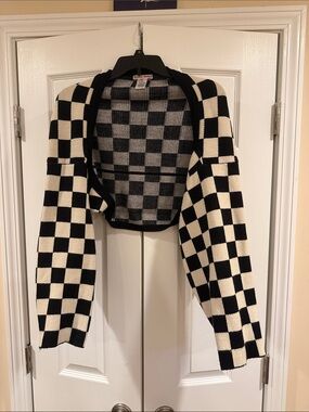 Checkerboard Open-Front Women's Cardigan Sweater - Black & Cream